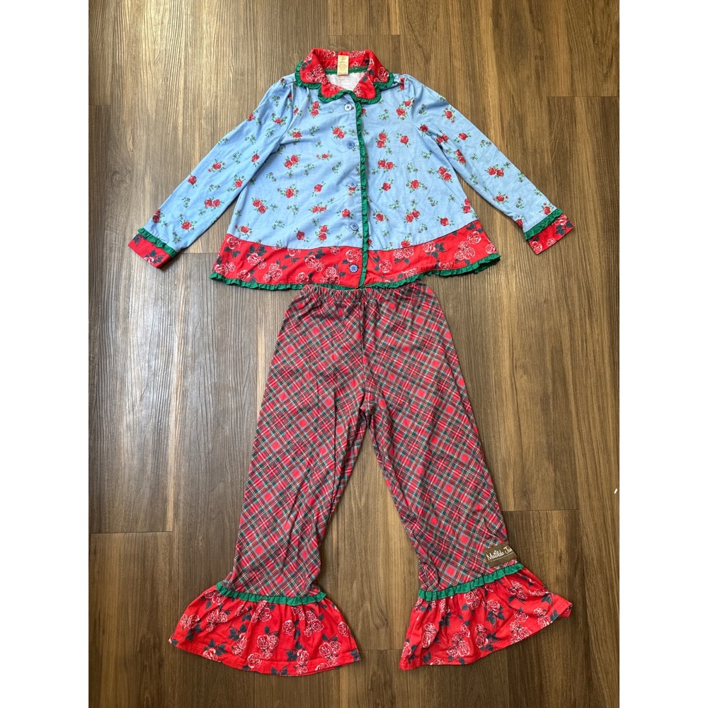 Matilda Jane Pajama Set Girls Size 8 Blue Red Floral Plaid Ruffle Bell Bottoms